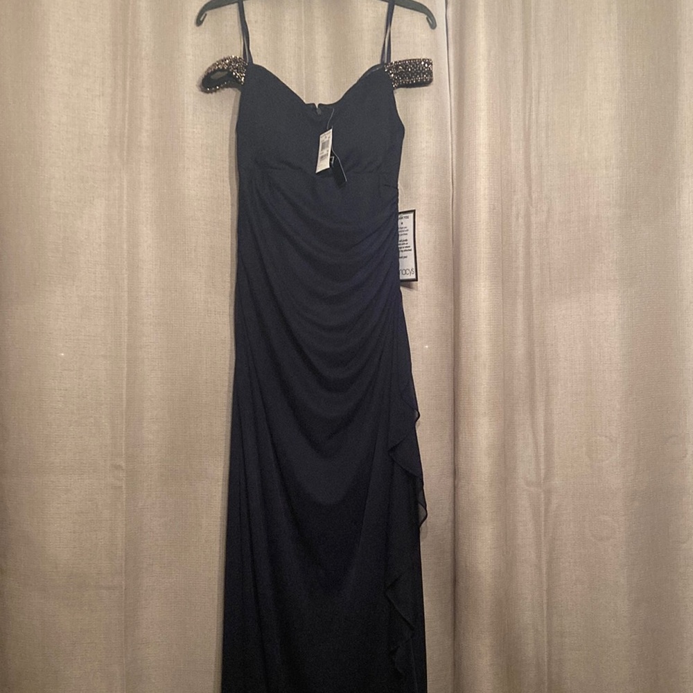 NWT Navy Blue off the shoulder chiffon dress 8Petite